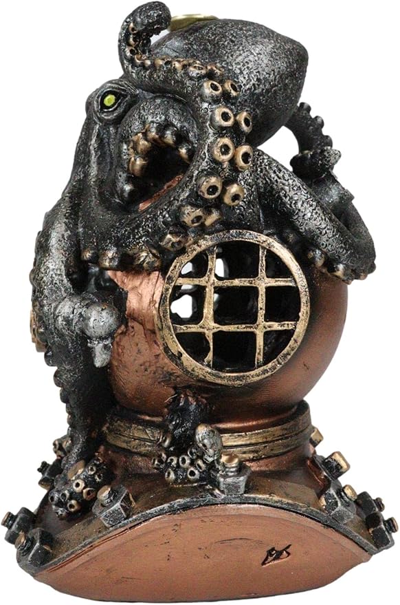 Ebros Gift Nautical Ocean Marine Octopus Kraken Smothering A Steampunk Divers Helmet Incense Cone Burner Holder Resin Statue Sea Cthulhu Giant Octopuses Themed Decorative Figurine