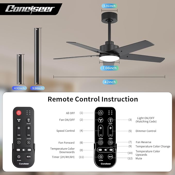 42 Inch Ceiling Fans with Lights and Remote for Bedroom Living Room Kitchen Home Office Indoor/Outdoor, 6CCT Dimmable, Dual Color 5 Blades, 6 Speed Reversible Quiet DC Motor, Black/Wood Grain