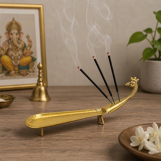 Putrika Brass Incense Stick Holder Stand | Holder | Burner with Ash Catcher Agarbatti | Batti Stand Dhup | Dhoop Best for Puja | Pooja [24cm*2.5cm*7.5cm][Weight: 170gm]- Peacock Agarbatti (Plain)