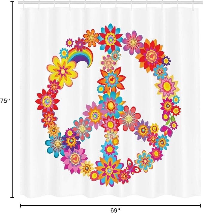 Ambesonne 1960s Shower Curtain, Colorful Peace Flower Nature Youthful Flourishes Happiness Hippie Art, Cloth Fabric Bathroom Decor Set with Hooks, 69" W x 75" L, Blue Red