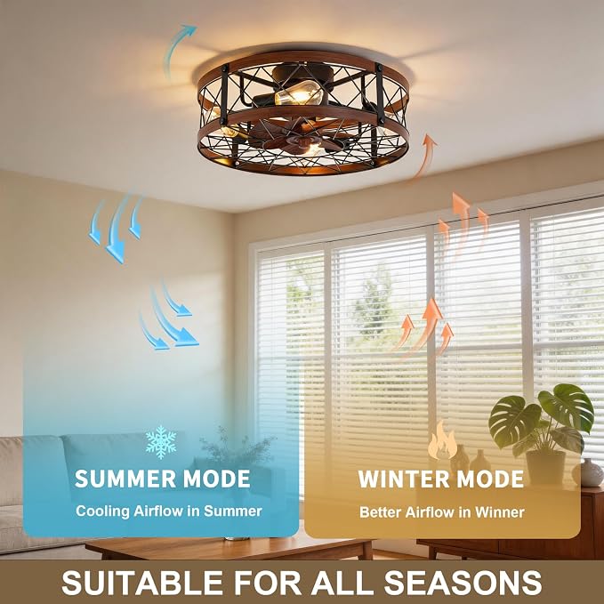 REDSTAR Flush Mount Caged Ceiling Fan with Lights, 20" Small Bladeless Ceiling Fans with Remote, Rustic Low Profile Ceiling Fans Quiet Reversible Enclosed Farmhouse Ceiling Fan for Bedroom Kitchen