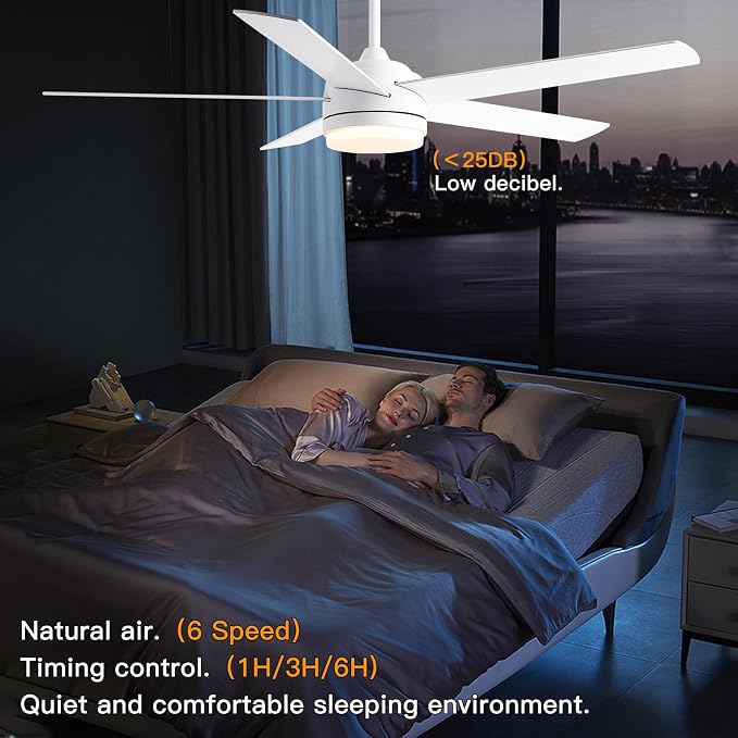 YUHAO 60 Inch White Ceiling Fan with Light and Remote Control.Noiseless,Dimmable,3CCT,6 Speeds Reversible, DC Ceiling Fans for Indoor or Covered Outdoor Use.ETL Listed