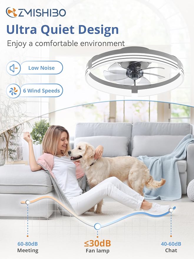 ZMISHIBO Low Profile Ceiling Fans with Lights and Remote, 20 Inch Flush Mount Ceiling Fan with Light, 3000K-6000K Dimmable Fandelier LED Fan Light, 6 Wind Speeds Grey Ceiling Fans for Bedroom