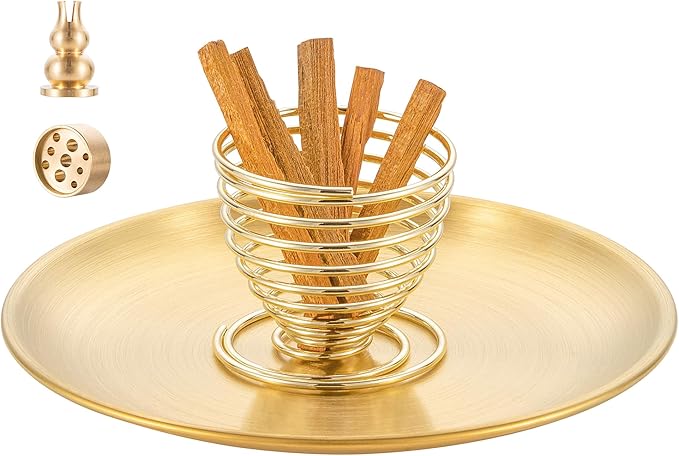 OSOPOLA 4 in 1 Incense Burner - 5.5 Inch Brass Gourd-Shaped Incense Holder for Sticks/Cones/Coils - Multi-Functional Metal Ash Catcher for Meditation, Yoga, Home Decor