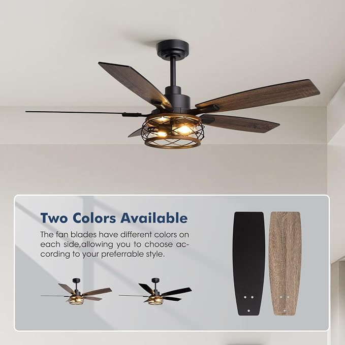 52 Inch Farmhouse Ceiling Fan with Lights and Remote, Dual Finish 5 Blades, 6-Speed Adjustable, Quiet & Reversible DC Motor, Rustic Caged Ceiling Fan for Bedroom Living Room Outdoor Covered Patio