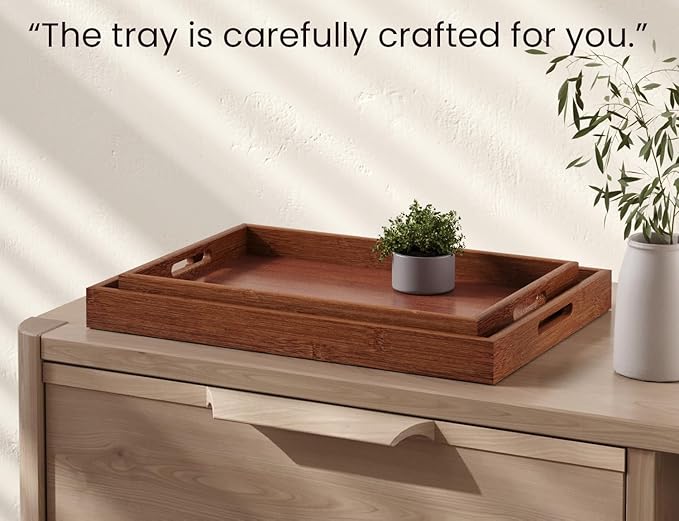 Fibogollo Bamboo Set of 2 Serving Tray with Handles,Decorative Trays Platter,Breakfast Tray in Bed,Food Drinks Tray for Eating,Working,Storing(Brown)