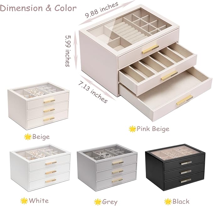 VLANDO 3-Drawer Jewelry Box with Glass Lid, Faux Leather Organizer for Rings Earrings Necklaces and More, Gift-Ready Jewelry Case for Women Girls or Moms, White