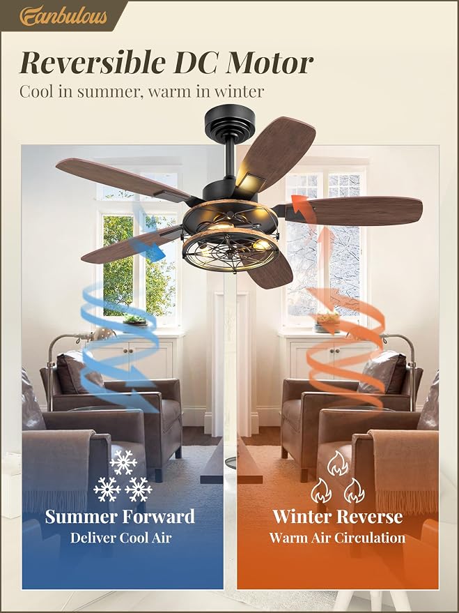 Fanbulous Farmhouse Ceiling Fan with Light and Remote, Industrial Caged Flush Mount Ceiling Fans with 6 Speed Reversible Motor and Dual Finish 5 Blades, for Living room, Bedroom (Black, 42 Inch)