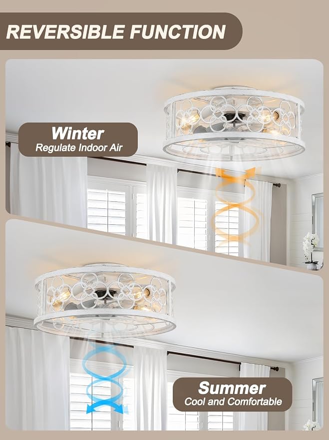 Caged Ceiling Fan with Lights and Remote 19.5" Flush Mount Ceiling Fan with Lights Bladeless Ceiling Fan with 3 Timing for Bedroom, Dining Room Living Room