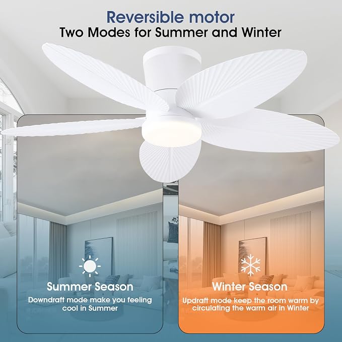 Surtime Palm Leaf Ceiling Fans with Lights-42 Tropical Ceiling Fan with Light and Remote/APP Control,Flush Mount Low Profile White Ceiling Fans for Bedroom,Indoor/Outdoor Patio Use