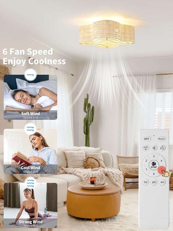 Boho Ceiling Fans with Lights, 20" Low Profile Ceiling Fan with Light Remote Control, Bladeless Flush Mount with 6 Speeds for Bedroom, Nursery, Living Room.
