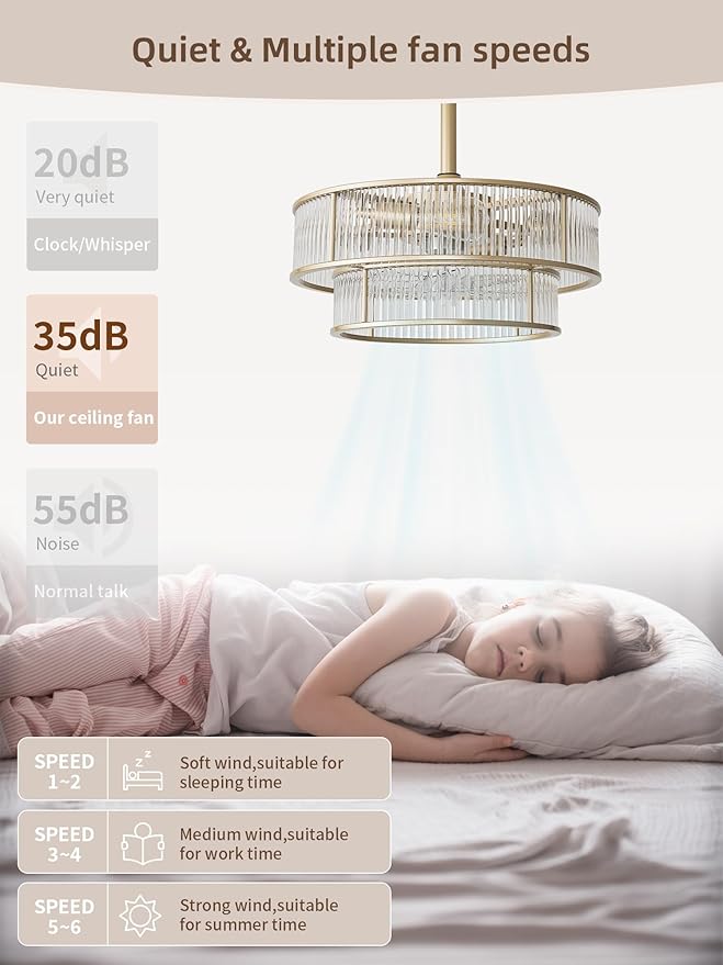 Gold Fandelier Ceiling Fans with Lights, 20" Gold Crystal Chandelier Ceiling Fan with Light Remote Control, Caged Mid Century with 6 Speeds for Bedroom, Living Room, Nursery