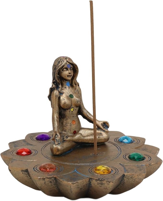 Ebros Gift Sacred Moon Feminine Triple Goddess Yoga Meditation with Chakra Zone Color Beads Lotus Flower Incense Stick Holder Burner Figurine Zen Feng Shui Vastu Home Fragrance Tabletop Altar Decor