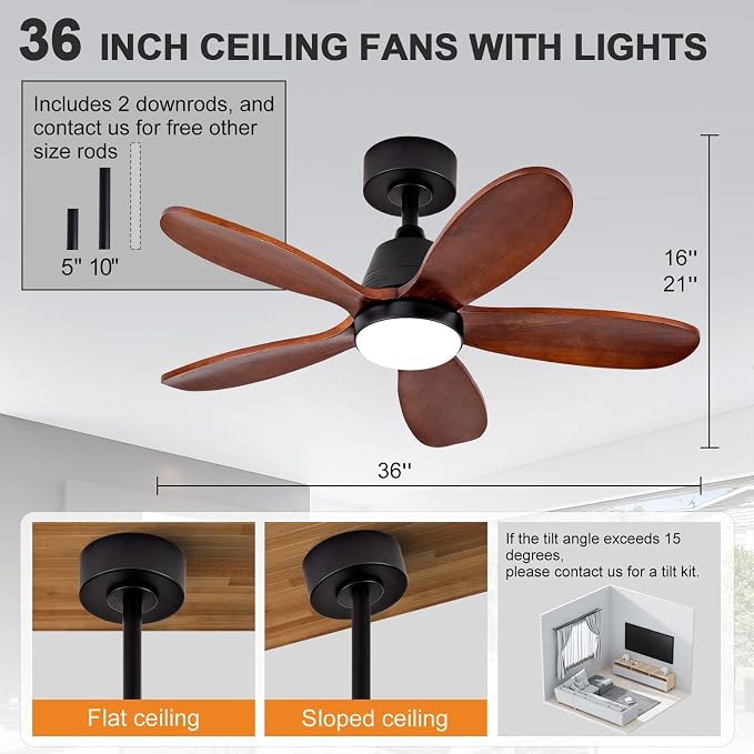 Ceiling Fans with Lights, 36 inch Modern Ceiling Fan with Light and Remote Control, 3CCT, Dimmable, Reversible, Noiseless, Black Ceiling Fan for Bedroom, Living Room