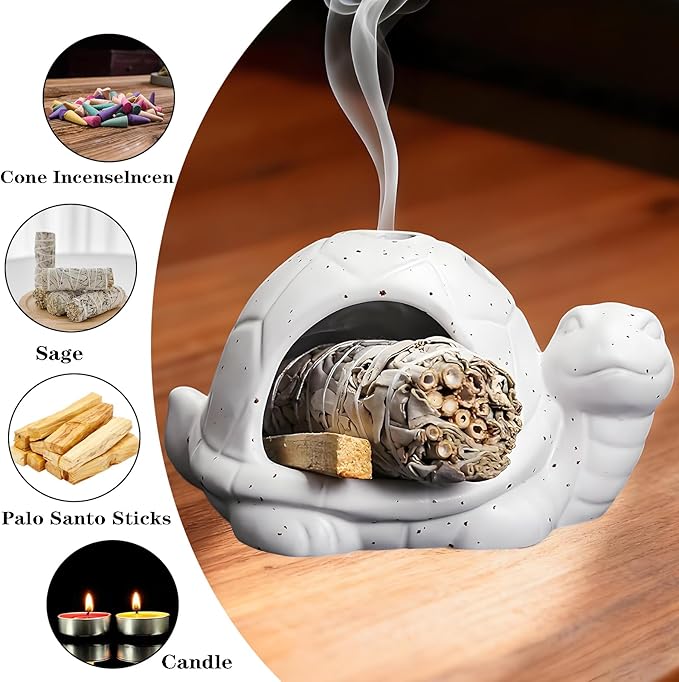 Ceramic Turtle Mini Chiminea- Multifunctional Incense Holder for Sage, Cone Incense, Copal & Small Candle | Aromatherapy Gift for Meditation, Yoga, Zen Spaces | Indoor Use, Hamster Nest Decor (White)