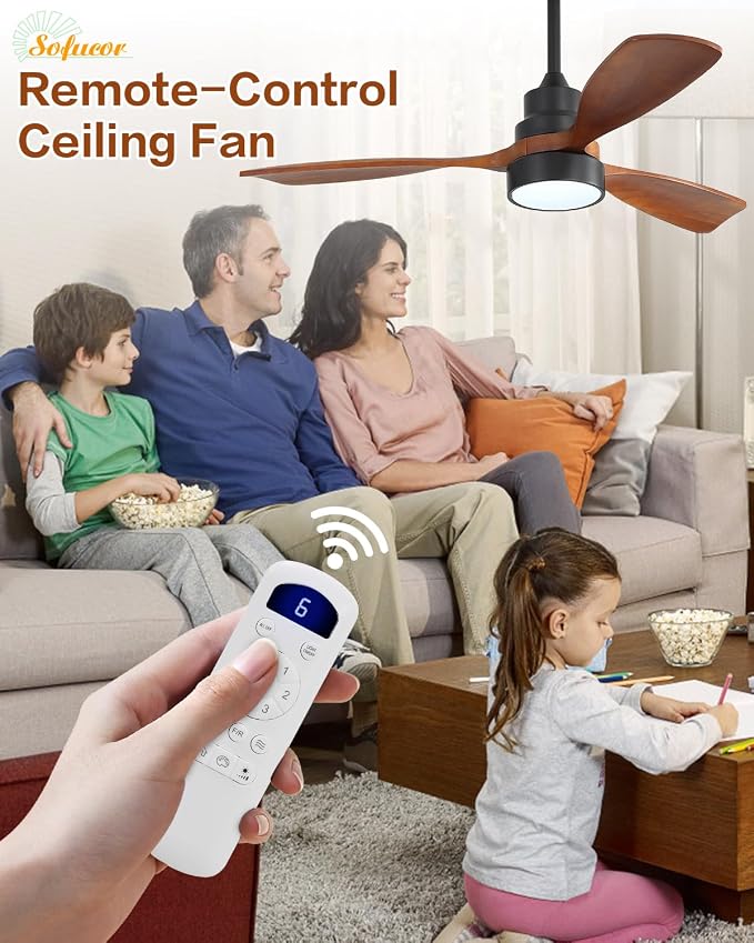 Sofucor 48 Inch Ceiling Fans with Lights and Remote Control-Modern Flush Mount & Downrod Mount Ceiling Fan for Bedroom Living Room Indoor Outdoor Farmhouse Patio, Timer Quiet DC Motor, Black&Walnut