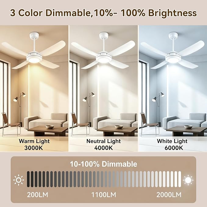 48" Ceiling Fans with Lights,Low Profile Ceiling Fan with Lights and Remote Control,Smart Ceiling Fan,Noiseless Reversible DC Motor,4 Blade White Ceiling Fans,Ceiling Fan for Indoor/Outdoor