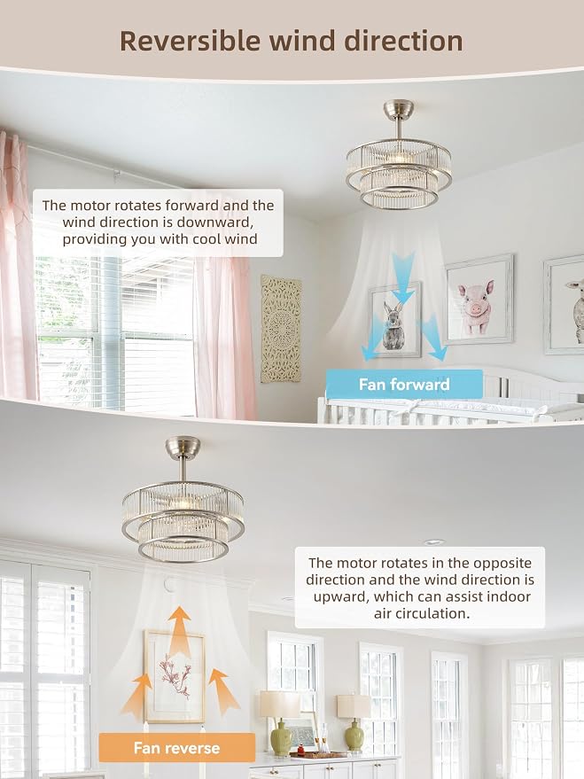 Silver Fandelier Ceiling Fans with Lights, 20" Silver Crystal Chandelier Ceiling Fan with Light Remote Control, Caged Mid Century with 6 Speeds for Bedroom, Living Room, Nursery