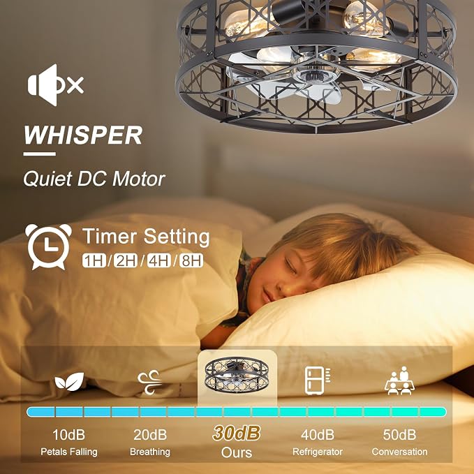 ZYD Caged Ceiling Fan with Light, 20" Ceiling Fan with Lights and Remote Flush Mount, Bladeless Caged Ceiling Fans with Lights, Matte Black Rustic Fan for Bedroom, Kitchen, Dining Room