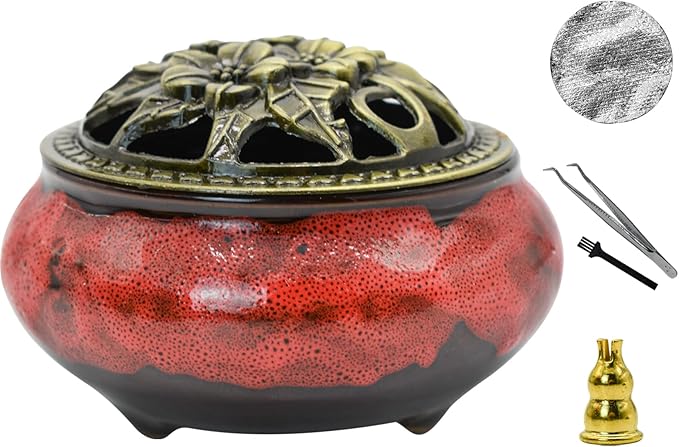 Ceramic Incense Burner with Lid, Incense Holder for Sticks Incense Cone Holder with Brass Incense Stick Holder for Yoga Meditation Home Decor (Fambe Red)