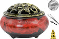 Ceramic Incense Burner with Lid, Incense Holder for Sticks Incense Cone Holder with Brass Incense Stick Holder for Yoga Meditation Home Decor (Fambe Red)