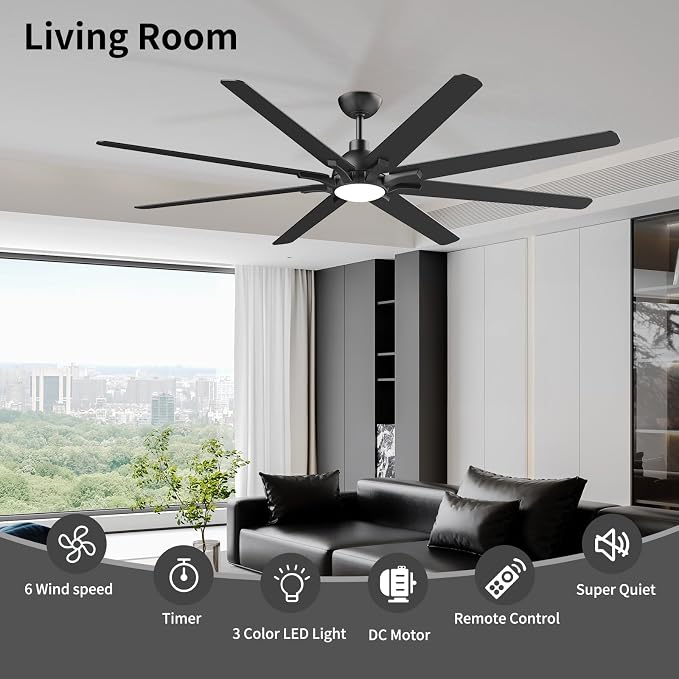 72 Inch Ceiling Fan with Light and Remote Control, Black | 6-Speed Quiet Reversible DC Motor, 3CCT Dimmable LED Light,8 Wood Blades,Used for Living Room, Office,Covered Patio