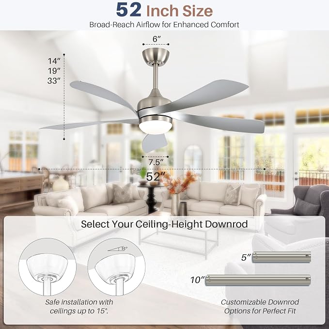 CACI Mall 52 Inch Ceiling Fans with Lights and Remote, modern, Outdoor ceiling fan with 6-Speed, 5 Blades, 2 Downrods, 3 CCT, Timer, Quiet Reversible DC Motor for Living Room, Bedroom, Patios