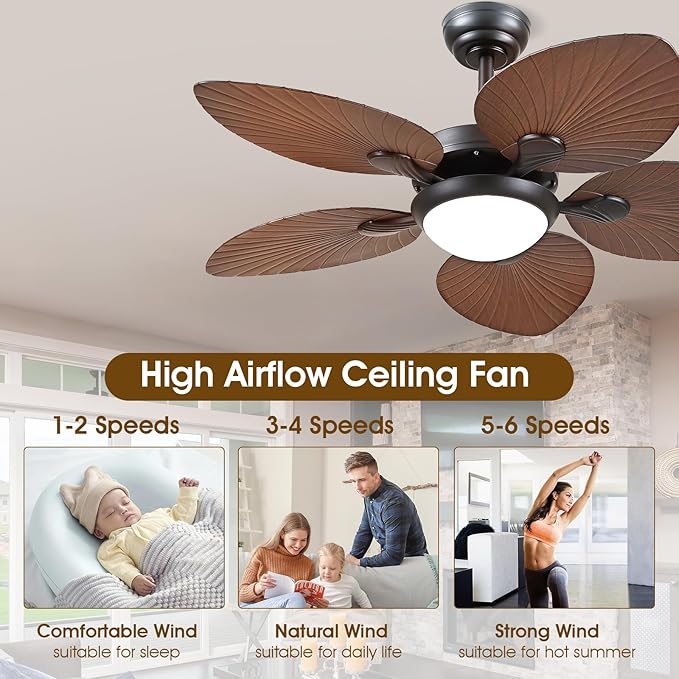 Wiviniya Tropical Ceiling Fans with Lights, 44 Inch Palm Leaf Outdoor Ceiling Fan with Light for Patios Porch Bedroom, Remote/APP Control, Reversible Quiet DC Motor, Dimmable LED, Brown