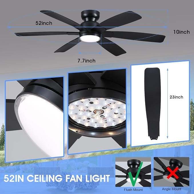 Kviflon 52 Inch Modern Ceiling Fans with Lights Remote Control, Low Profile Flush Mount Ceiling Fan, 6 Reversible Plastic Blades, 6 Speeds 3 CCT Dimmable LED Lights for Bedroom Living Room, Black