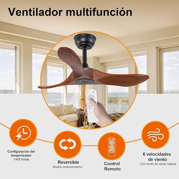 36 Inch Solid Wood Ceiling Fans without Lights, 6 Speeds,Reversible DC Motor, Noiseless, Black Ceiling Fan No Light, Modern Indoor Outdoor Ceiling Fan with Remote for Patio Living Room Bedroom
