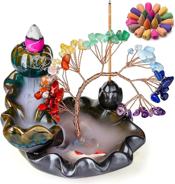 DUQGUHO Incense Holder Ceramic Backflow Incense Waterfall Burner Chakra Crystal Tree with 30 Burner Incense Cones for Room Home Zen Decor Meditation