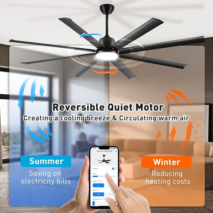 72 lnch lndustrial Smart Celing Fan with Light and Remote Control via WIFI Alexa,Large Celing Fan with 8 Black Aluminum Blades,6 Speed Noiseless DC Motor,Indoor Outdoor Ceiling Fans for Patio Garage