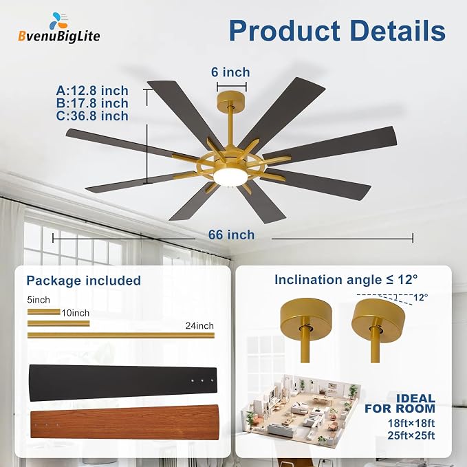 Large Ceiling Fans with Lights: Modern 66 Inch 8 Blade Outdoor Ceiling Fan with Remote APP Control - Dimmable Black Gold Big Fan light Indoor Reversible 6 Speed Quiet DC Motor