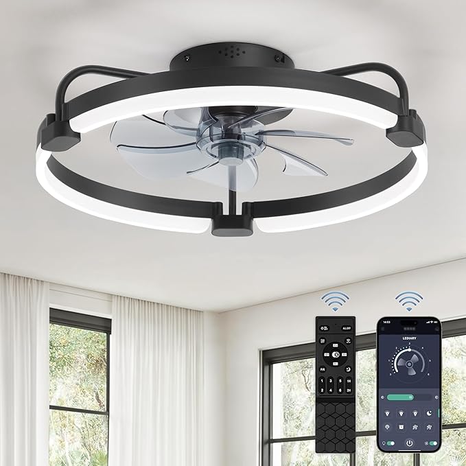 LEDIARY Ceiling Fans with Lights and Remote, 20'' Low Profile Ceiling Fan with Light, 3000-6000K Dimmable Fandelier LED Fan Light, 6 Wind Speeds, Black Modern Flush Mount Ceiling Fan for Bedroom
