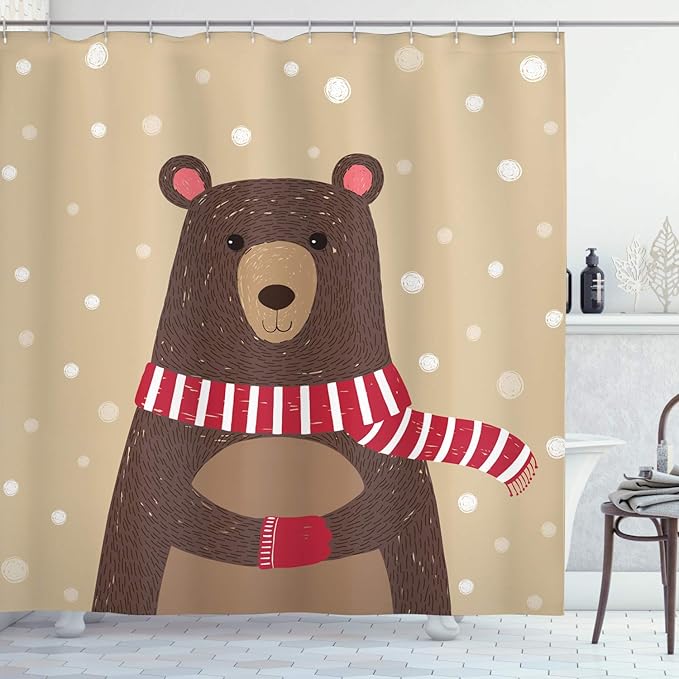 Ambesonne Cartoon Shower Curtain, Bear Wearing Red Scarf Under Snow Winter Cold Weather Playroom Print, Cloth Fabric Bathroom Decor Set with Hooks, 69" W x 84" L, Brown Sand Brown