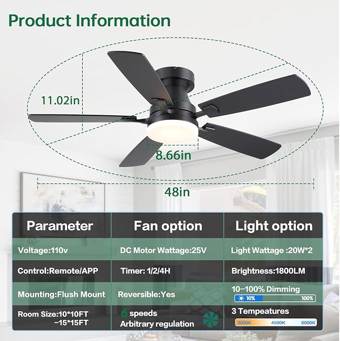 Ceiling Fans with Lights, 48 inch Flush Mount Ceiling Fans with Lights and Remote, Low Profile, Reversible DC Motor, Noiseless, 3CCT, Dimmable LED Ceiling Fan for Bedroom, Living Room, Black