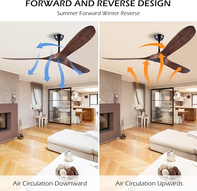60 Inch Ceiling Fan Without Light ，Wood Indoor Outdoor Ceiling Fans No Light for Patios Living Room Bedroom Porch Big Ceiling Fan for Flat Sloped Ceiling(Walnut)