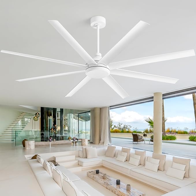 65 Inch Ceiling Fan No Light, Modern Ceiling Fan with Remote Control, Quite DC Motor 8 Reversible Blades Indoor Outdoor Industrial Ceiling Fan without Light For Living Room Bedroom Patio Garage-White