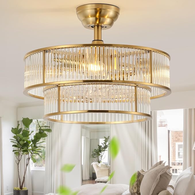 Copper Fandelier Ceiling Fans with Lights, 20" Copper Crystal Chandelier Ceiling Fan with Light Remote Control, Caged Mid Century with 6 Speeds for Bedroom, Living Room, Nursery