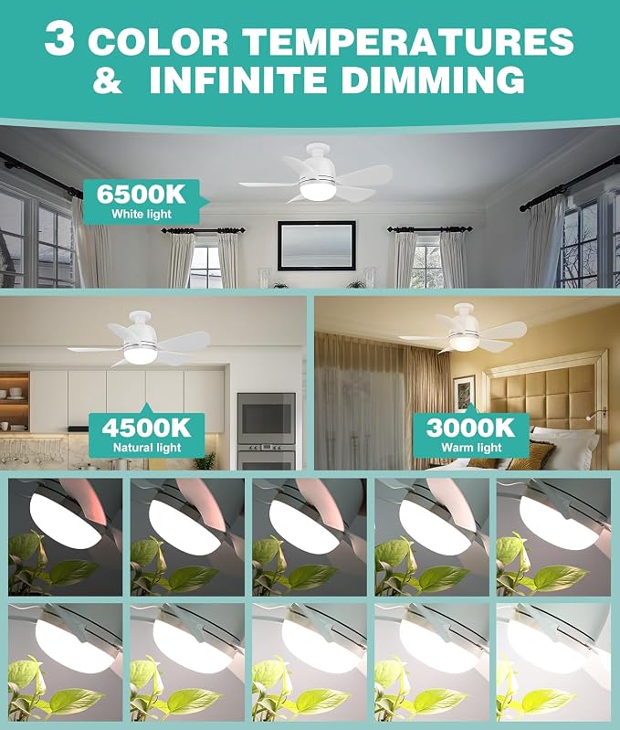 HK Socket Fan Light Small Ceiling Fan With Light and Remote, 20 Inch Screw-in for E26/E27 Base, 5 Speed Dimmable Mini for Bedroom Kitchen and Small Rooms, White