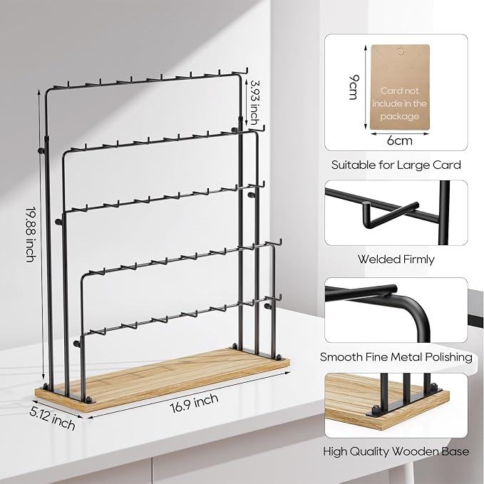 ORLESS 2 Pcs Jewelry Display for Vendors, Earring Display Stand for Selling, Necklace Display Holder for Selling, Earring Cards Organizer for Bracelets, Rings, Jewelry Towers, Original Wood (35 Hooks)