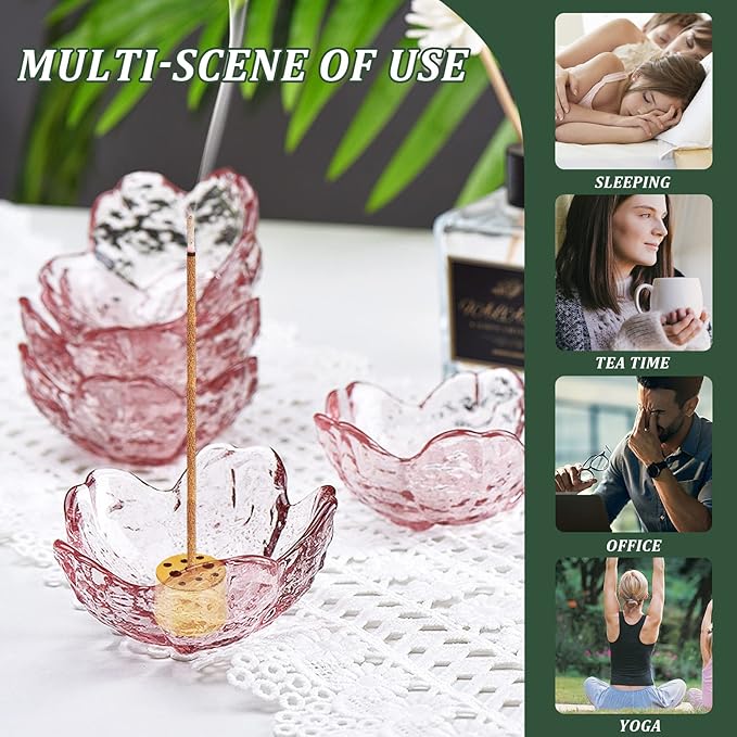 Incense Holder for Sticks and Backflow Incense, Handmade Glass Cherry Blossom Incense Stick Holder with 9 Incenses Holes Incenses Burner Ash Catcher Ideal for Incenses Burning, Home & SPA Decor