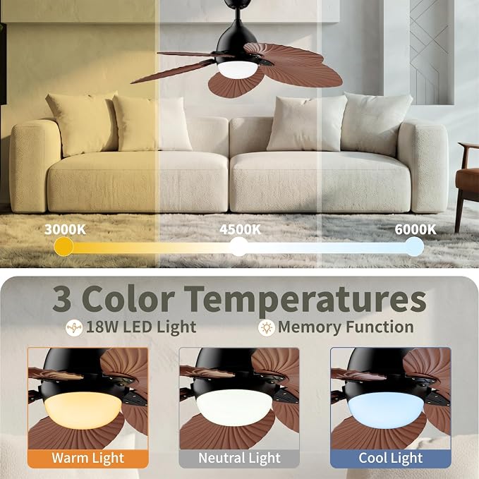 52" Modern Tropical Ceiling Fan with Light and Remote for Bedroom | LED Dimmable Tri-Color Temperature, 5 Blade Ceiling Fans Reversible, 6 Speeds w/Quiet DC Motor, living room, bedroom, kitchen