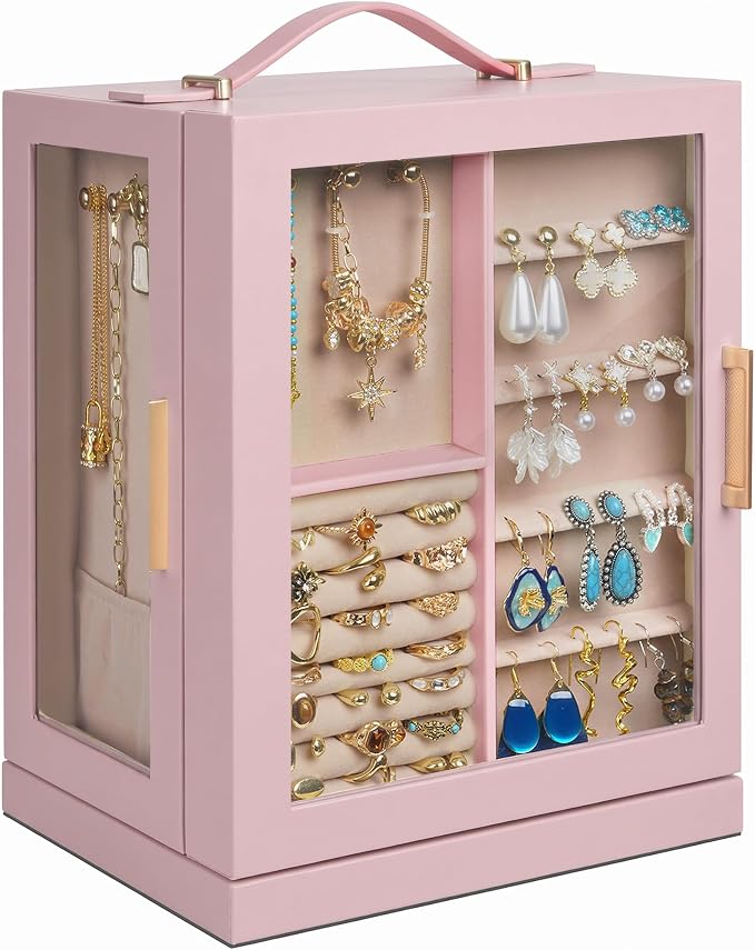 360° Rotating 5‑Drawers Jewelry Box with Top Handle & Glass Window, Spacious Vertical Jewelry Organizer, Jewelry Storage Case, Dustproof & Moisture‑resistant Design. (Pink)