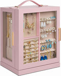 360° Rotating 5‑Drawers Jewelry Box with Top Handle & Glass Window, Spacious Vertical Jewelry Organizer, Jewelry Storage Case, Dustproof & Moisture‑resistant Design. (Pink)