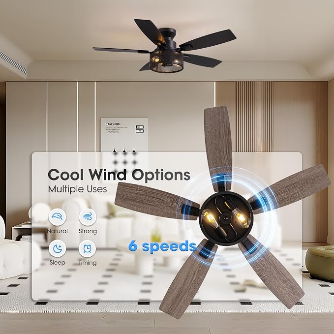 Ceiling Fans with Lights and Remote Control, Ceiling Fan for Bedroom Living Room (Flush Mount 46 in)