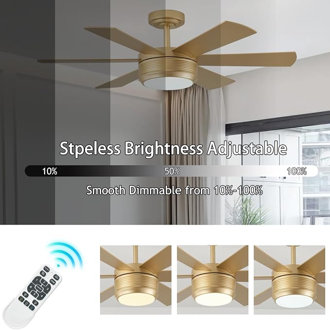 SHOWDI Gold Ceiling Fans with Lights and Remote, Easy Installation, 42 in | 2 Blade Color, Metal Material, App Remote Control, Timer, Reversible, 3CCT, Dimmable for Bedroom, Living room, Indoor