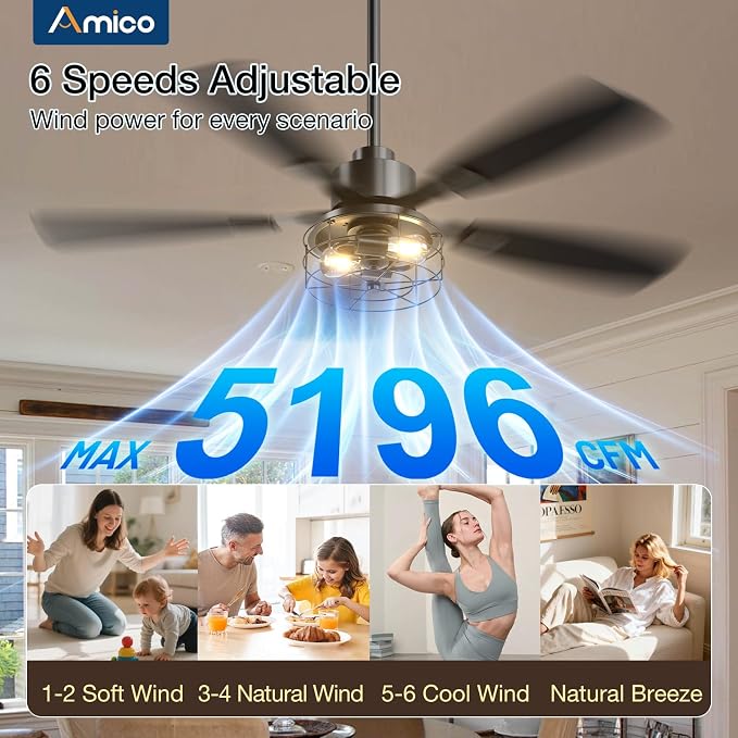 Amico 52 inch Ceiling Fans with Lights, Caged Ceiling Fan with Light and Remote Control, Dimmable, 3CCT, Quiet, Black Farmhouse Ceiling fan For Living Room, Bedroom, Kitchen, Patio Indoor/Outdoor Use