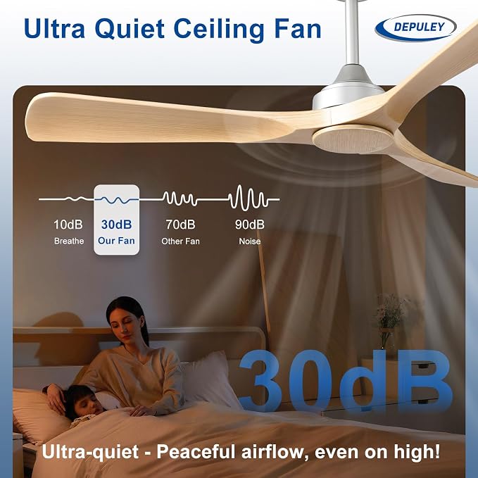 Depuley Ceiling Fan Without Light: 52 Inch 3 Blade Indoor Outdoor Fans for Patios - Wood Ceiling Fan No Light Remote Control Living Room Fans Ultra Quiet DC Motor Reversible 6 Speed