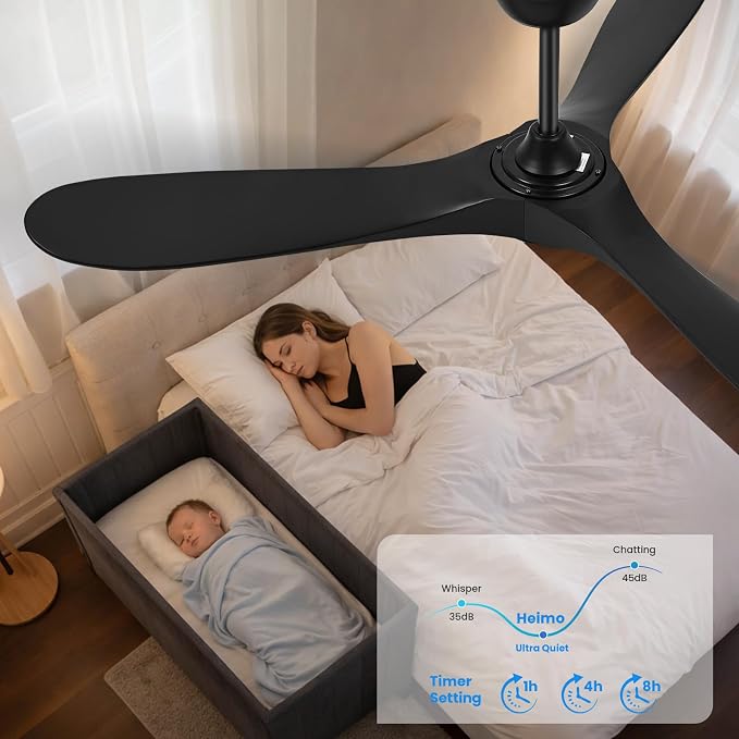 heimo 60 Inch Black Ceiling Fan with Light and Remote, Wood Outdoor Ceiling Fans with Lights Dimmable for Bedroom Living Dining Room Patios Garage Gazebo Farmhouse Big Dc Reversible Fan